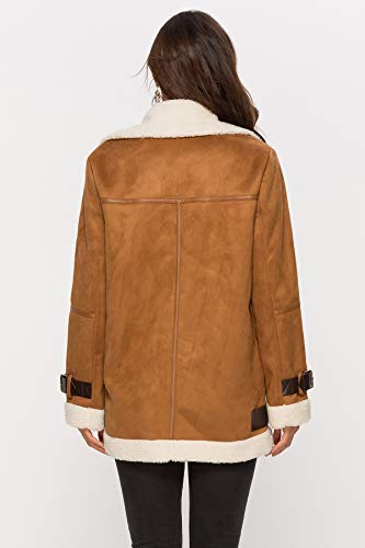 Escalier Women's Winter Lapel Faux Suede Leather Jacket with Sherpa Fleece Lining Camel M - Thumbnail 7