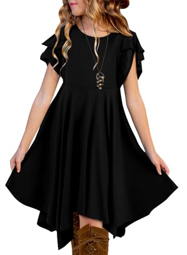 blibean Tween Girls Summer Dress Boho Short Sleeve Dresses Cute Clothes High Low Outfits Teen Trendy Clothing Size 12-13 Years Old Black