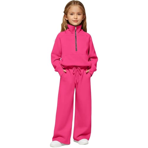 Sweat à capuche et pantalon de jogging pour fille avec demi-fermeture éclair, tenue décontractée et douce pour tout-petits et enfants, vêtements de sport confortables, Rose, 11-12 ans