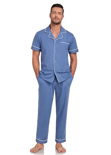 Image of COLORFULLEAF 100% Cotton Mens Pajamas Set Short Sleeve Loungewear with Long Pants Button Down Sleepwear Soft Comfy Pj for Men