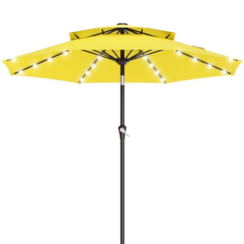 Image of AreShark 9ft 2 Tiers Patio Umbrella with Solar Lights, Outdoor Umbrella w / 32 LED Lights&8 Sturdy Ribs, Table Umbrella for Deck, Backyard, Pool(Yellow)