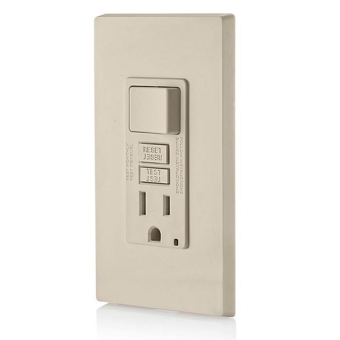 Image of Leviton GFCI Combination Outlet with Switch, 15 Amp, Self Test, Tamper-Resistant with LED Indicator Light, Saves Space, GFSW1-T, Light Almond