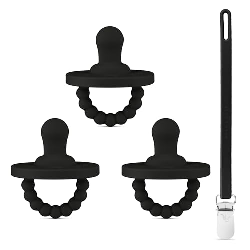 Image of Ryan & Rose Cutie PAT Pacifier Teether 3 Pack and Flex Clip (Flat, Black)