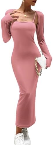 Women's Spring Fall 2 Piece Outfits Slip Bodycon Maxi Dress and L...