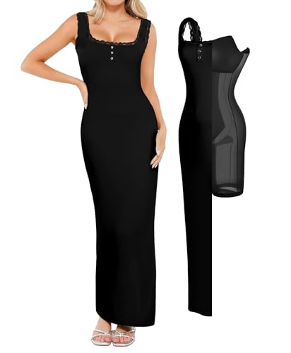 Popilush Shapewear Tank Dress Summer Maxi Dress Built-in Bra Square Neck Lace Trim Going Out Vacation Dresses for Women