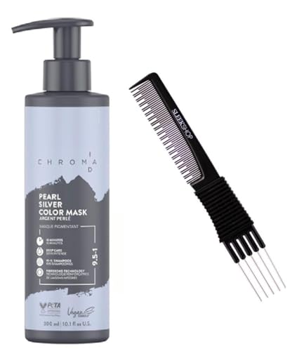 Sleekshop Comb + CHROMA.ID (9.5-1 Pearl Silver) Schwarzkapf Chroma ID Bonding Color Masks (9 5-1) Semi-Permanent Hair Color Dye (w/Sleek Premium Carbon Teasing Comb) ChromaID Haircolor Masque