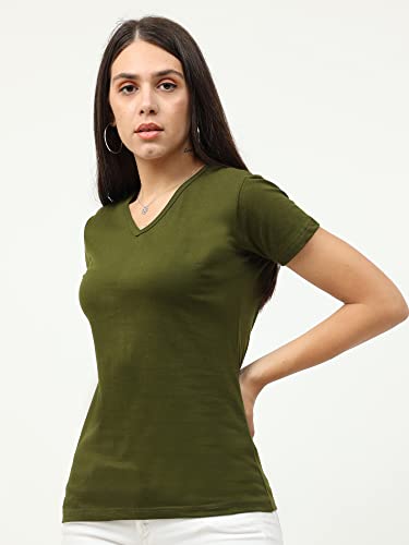 Image of FLEXIMAA Women's Cotton Plain V Neck Half Sleeve T-Shirt