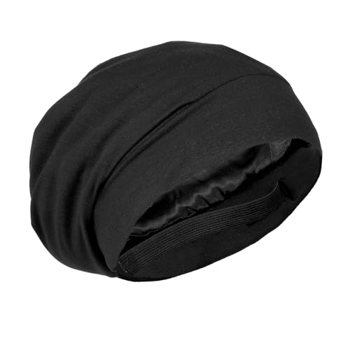 Black Satin Lined Hair Bonnet for Sleeping, Sleeping Cap for Men Women Sleep Bonnet with Adjustable Strap Hair Sleep Bonnet - Stay On All Night Wrap