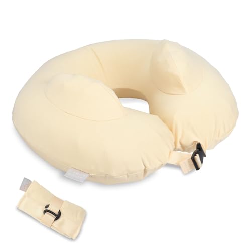 ネックピロー 手のひらサイズにたためる ひと息で膨らむ 洗濯可 トラベルピロー 首枕 ネッククッション コンパクト エアー 飛行機 旅行 洗える 軽量 折りたたみ 出張 快適 快眠 ベージュ