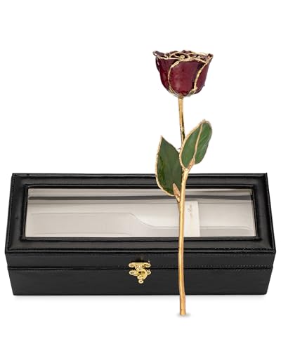 Forever Rose Hand-Dipped in 24K Gold, Garnet-Inspired January Birthstone with Sparkles, Real Rose in Leather Case with LED Light – Perfect Ready to Gift for January Birthday or Any Occasion