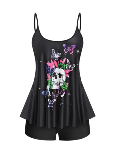 Gothic Skull Print Plus Size & Curve Modest Tankini Swimsuit, Black_02, M Plus