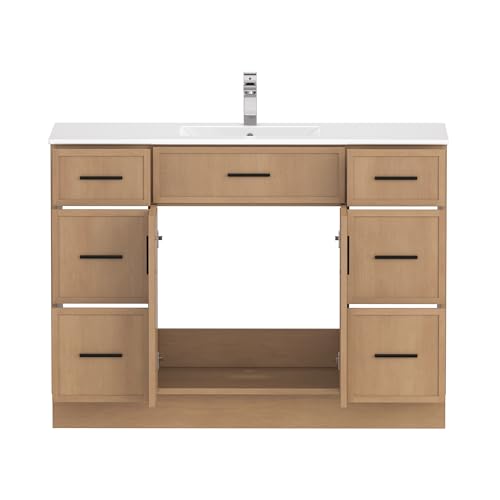 Image of 48 Inch Bathroom Vanity, Modern Bathroom Vanity Without Sink, Freestanding Bathroom Cabinet with 2 Soft Closing Doors & 6 Storage Drawers, Natural