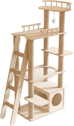 Girlmarry無垢材の猫用クライミングフレーム、無垢材の猫用ベッド、猫用爪とぎボード、猫用おもちゃ、猫用おもちゃ、猫用キャットタワー、木製、猫用ハウス、省スペース、ハンモック、麻ロープの猫用爪とぎボード、展望台、低い、自立型 (001)