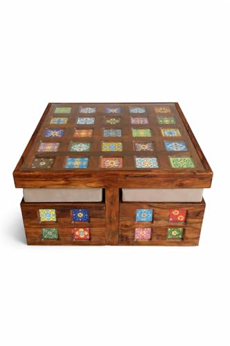 Image of Wooden Coffee Table with 4 Stools, Ceramic Tiles On Table Top with Ceramic Tiles Design Stool, Table 86x86x46 cm, Stool 40x40x35 cm (Natural)