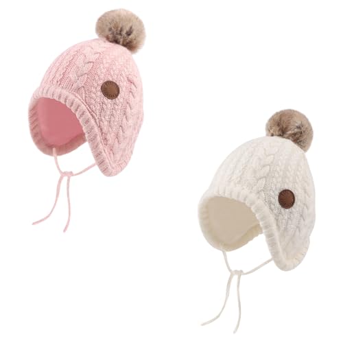 Image of Bamery Winter Baby Infant Girl Beanie Knitted Toddler Baby Boys Hat Fleece Lined Earflap Hats with Pompom 0-4 Years (White+Pink, S)