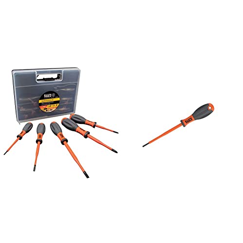 VDE Insulated Screwdriver Set, 5-Piece with Ergonomic Handles, VDE Approved, Klein Tools 32268INS, Orange & 100 mm VDE Insulated Screwdriver, 3.0 mm CAB Tip Klein Tools 32229INS, Orange