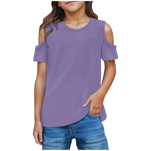 Girls Cold Shoulder Tops Summer Short Sleeve Round Neck T-Shirts Teen Girls Casual Loose Fit Solid Color Tee Shirt