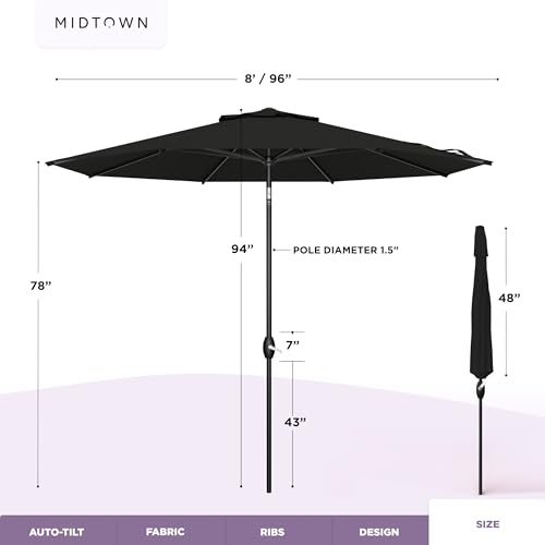 Image of Midtown Umbrellas - The Lean 8 Ft Patio Umbrella with Acrylast Acrylic Fabric, Auto-Tilt Aluminum Frame & 8 Sturdy Ribs - Outdoor Umbrella for Deck, Pool, Hotel & Cafes - Eclipse Canopy, Black Pole