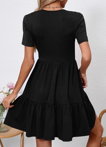 Image of Women's Casual Summer Dress V Neck Short Sleeve Flowy Stretchy Comfort Fit for Daily Wear Work Midi Dresses