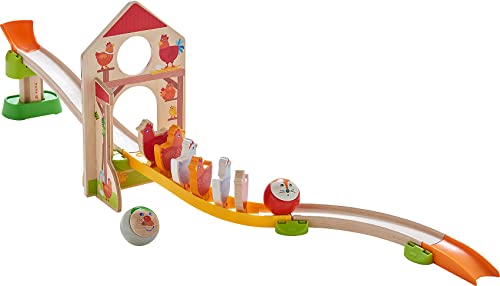 HABA 305396 - Kullerbü – Kugelbahn Hühner-Domino, Kugelbahn aus Holz mit Dominostein-Effekt, Kullerbahn, Scheunentor und 6 Hühnern aus Holz, Holzspielzeug ab 2 Jahren