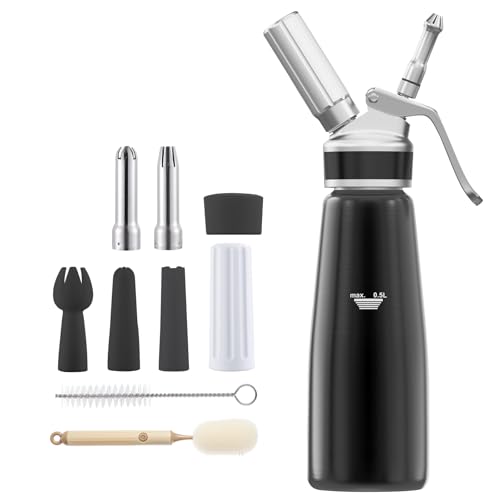 YUNYDSM 0.5L Sahnespender für Schlagsahne, Cremes und Soßen Schlagsahnebereiter mit 3 Edelstahl Spritztüllen Profi Sahnesyphon aus Aluminium 500mL YUNYDSM 0.5L Sahnespender für Schlagsahne, Cremes und Soßen Schlagsahnebereiter mit 3 Edelstahl Spritztüllen Profi Sahnesyphon aus Aluminium 500mL
