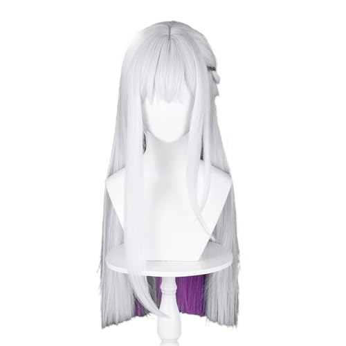 Image of Xuzhao Anime White Mixed Purple Black Long Straight Wigs with Side Braid&Bangs Women Nihi Lux Style Cosplay Costume Halloween,Game Show,Party
