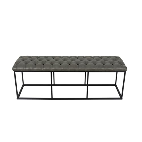 HomePop Upholstered Button Tufted Decorative Bench with Metal Base, Gray Faux Leather