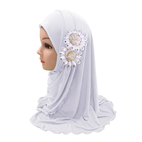 Girls Muslim Hijab Scarf Shawls with Flowers Lovely Fashion Anti-UV Islamic Head Scarf Head Wrap for Kids Age 2-62
