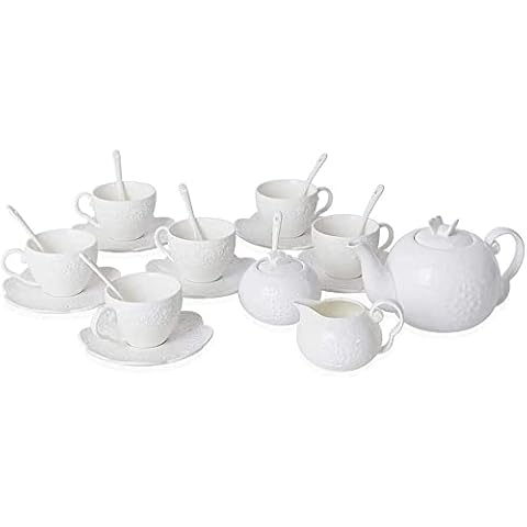 Set of 22 Butterfly Embossed Teapot Sets with 1PC Tea Pot, 6PC Mug, 6PC Saucer, 7PC Spoon 1PC Sugar Jar and 1PC Milk Jar Suitable for High Tea, Wedding, Party-White Cover