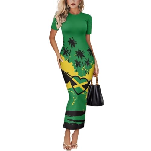 Image of Womens Short Sleeve Jamaican Flag Midi Bodycon Dress