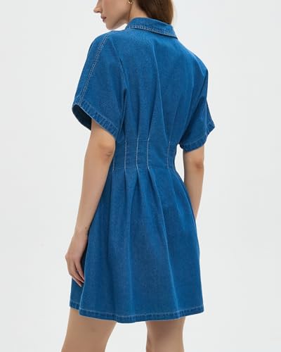 Women's Denim Dress Lapel V Neck Slim Fit Mini Jean Dress Button Down A-Line Short Dresses2