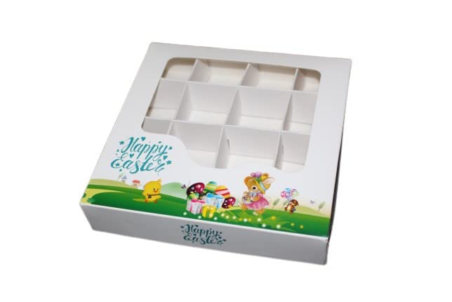 EMPTY SWEET/GIFT/BAKERY BOX - FOOD SAFE - OCCASION'S - 15x15x3.5cm (10 BOXES- 16 GRID INSERTS, EASTER BOX)