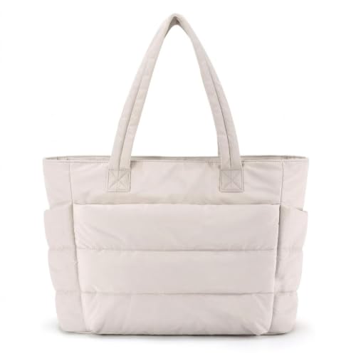 Image of Quilted Puffy Tote Bag for Women | Large Capacity | Soft Nylon Padded Design | Lightweight & Spacious | Ideal for Work, Travel, Shopping (Biege)