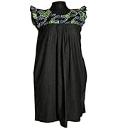 Ankara Denim Dress for Women, Handmade Authentic African Wax Print (Small, Ruffle Wing Print Slee...