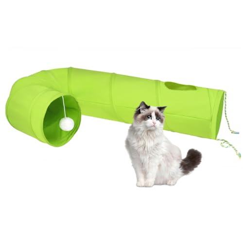 Cat Tunnel, 2-Way Collapsible Cat Tube with Interactive Peek-A-Boo Hole, Toy Ball, and Rope – Ideal for Indoor Cats, Kittens, and Rabbits (Green) by PAOPO - Used condition - US$11.51