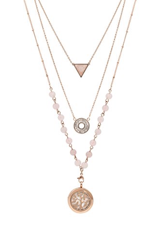 Rose Gold Rose Quartz Essential Oil Diffuser Necklace, Multi-Layer Chain 6mm Bead; Rose Gold 25mm Locket; 9 Colored Diffuser Pads, Velvet Bag (Rose Gold and Rose Quartz)