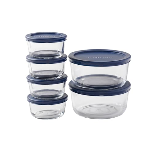 Anchor Hocking 14035ECOM 12 Piece Round Food Storage Containers with BPA-Free Snugfit Navy, Mixed Sizes, Reusable Lids, Tempered Tough for Oven, Fridge, and Freezer, Glass