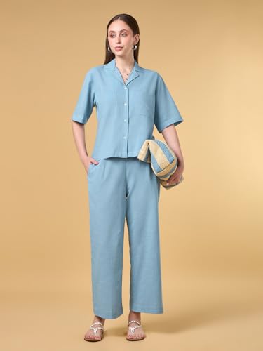 Image of Women's Solid Co-ord Set | Relaxed Fit Shirt & Pant Set | Soft Cotton-Linen Fabric | Casual & Travel Wear
