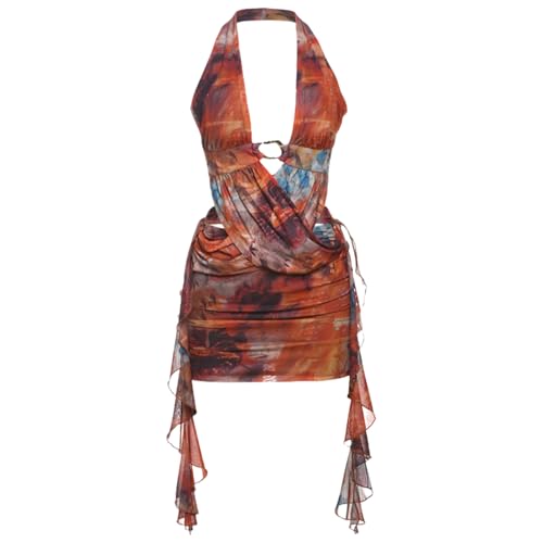 Image of Women's Sexy Open Back Floral Tropical Vacation Dress Crop Wrap Mesh Ruffle Mini Dress Beach Dresses