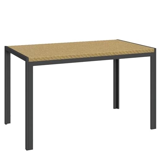Outsunny Table de Jardin rectangulaire, Table de Salle à Manger 4 Personnes en métal et Plateau résine tressée PE Effet rotin, dim. 120L x 70l x 72H cm Beige
