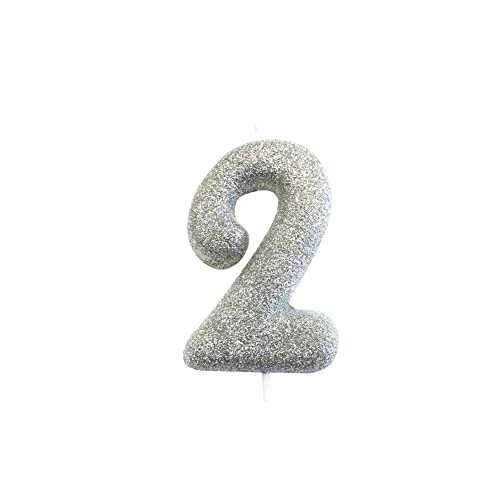 Anniversary House-AHC40/2 AHC40/2 Bougie métallique à Paillettes en Forme de Chiffre 2 pour gâteau d'anniversaire 7 cm, Argenté, 7 Centimeters