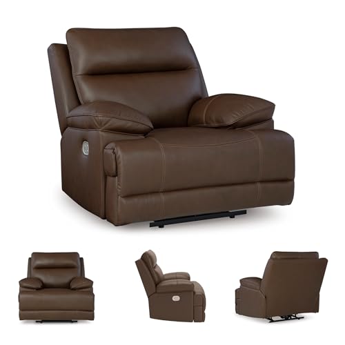 Image of Signature Design by Ashley VonRyan Power Recliner, Zero Gravity Oversized Leather Recliner with Adjustable Headrest, Living Room Chair with USB Port, Tobacco Brown