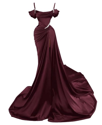 Dexinyuan Mermaid Prom Dresses for Women 2025 Beaded Satin Ball Gown Off Shoulder Long Slit Formal Evening Gowns