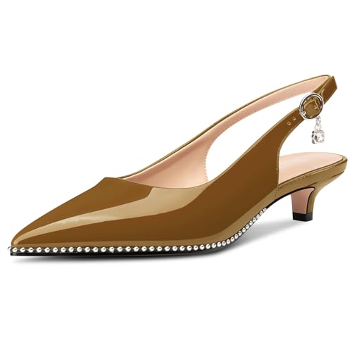 Image of TNYNFBEB Womens Low Kitten Heel Close Pointed Toe Pumps Slingback Silver Beaded Buckle Prom Party Dress Patent Leather 1.4 Inches Heels