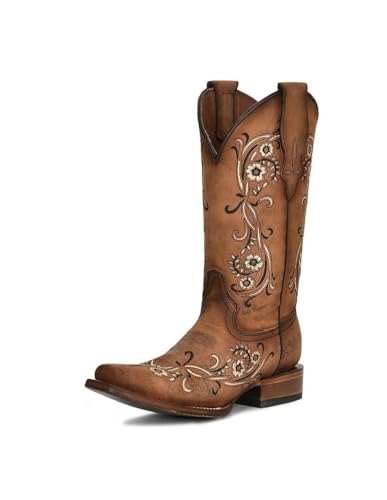 Circle G Sand Brown Square Toe Women's Leather Boots with Embroidery L2063