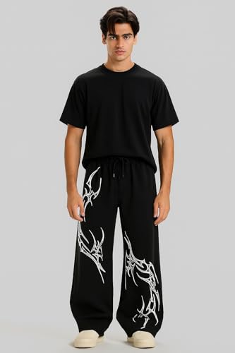 Image of Aesthetic Gothic Wide Leg Pants for Men | Tribal Print Baggy Streetwear | Oversized Track Pants with Elastic Waist | Black and White Relaxed Fit Bottoms