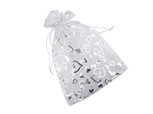 QIANHAILIZZ 8 x 12 Inch 100 Pack Drawstring Heart Bags Organza Jewelry Gift Pouch Candy Pouch Drawstring Wedding Favor Bags (all white with white heart)