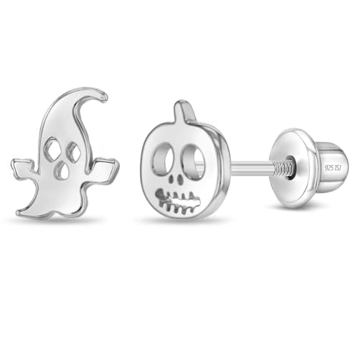 925 Sterling Silver Polished Ghost and Pumpkin Halloween Safety Screw Back Earrings For Little Girls - Children's Small Halloween Themed Earrings - Halloween Girl Earrings