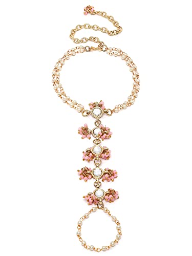 Image of Karatcart Gold Plated Baby Pink Pearl Chain Kundan Hathphool