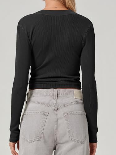 Tankaneo Womens Deep V Neck Tops Low Cut Ribbed Knit Henley Shirts Fall Long Sleeve Slim Fit Going Out Tees4